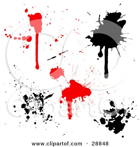 Clipart Illustration of a Set Of Red And Black Blood And Ink Splatters On A White Background by KJ Pargeter