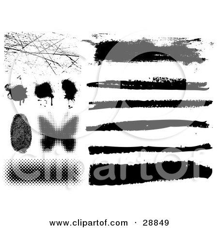 Clipart Illustration of an Elements Set Of Scratches, Splatters, A Pixelated Butterfly, And Lines In Black And White by KJ Pargeter