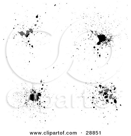 Clipart Illustration of a Set Of Four Scattered Black Ink Splats On White by KJ Pargeter