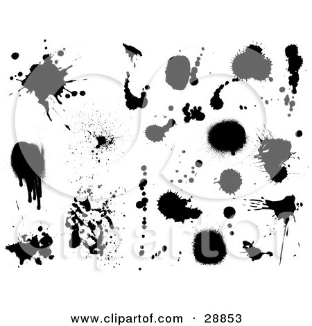 Clipart Illustration of a Black And White Set Of Black Ink Splatters by KJ Pargeter