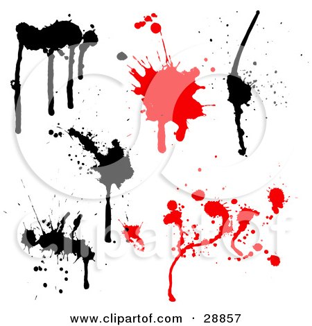 Clipart Illustration of a White Background With Four Black Ink Splatters And Two Red Blood Splats by KJ Pargeter