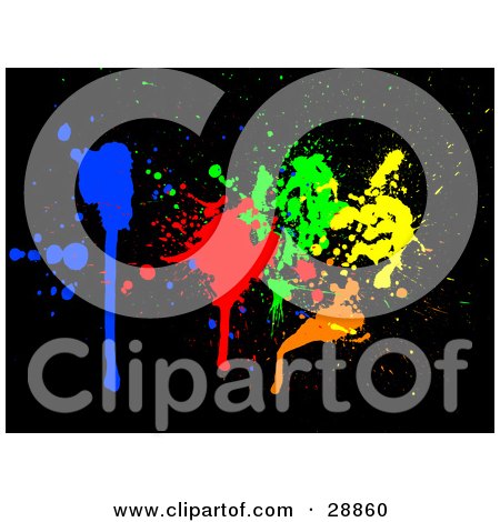 Clipart Illustration of Blue, Red, Green, Orange And Yellow Dripping Ink Splatters On A Black Background by KJ Pargeter