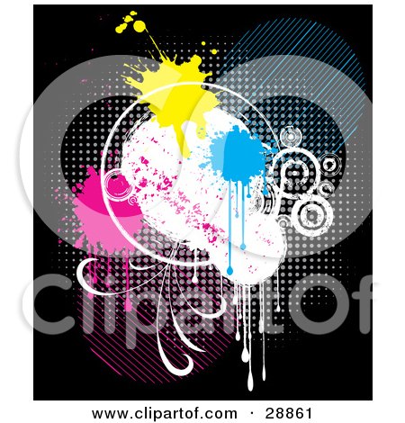 Clipart Illustration of Yellow, Blue And Pink Paint Splats Over A White Circle On A Colorful Dotted Background On Black by KJ Pargeter