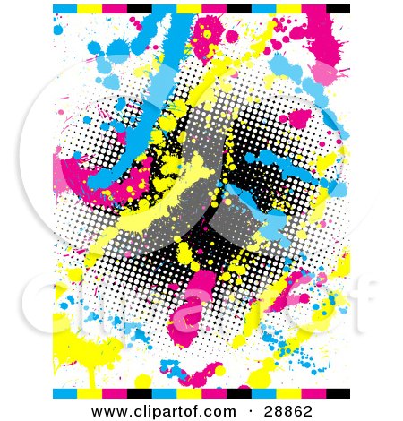 Clipart Illustration of a White Background With A Gradient Black Dotted Circle, Surrounded By Blue, Pink And Yellow Paint Splatters And Colorful Bars On The Top And Bottom by KJ Pargeter