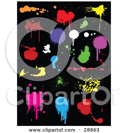 Clipart Illustration of a Set Of Orange, Red, Purple, Green, Yellow, Pink, White And Blue Ink Splatters On A Black Background by KJ Pargeter