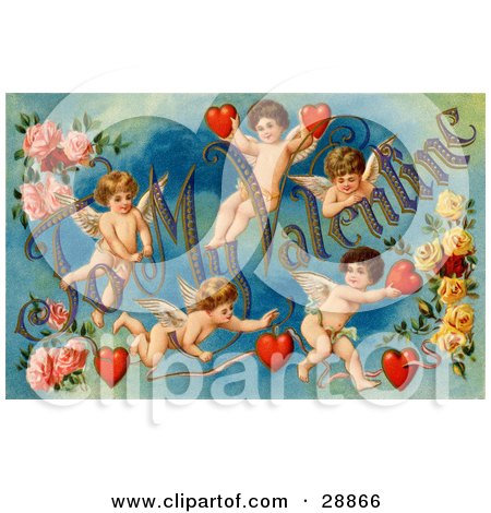 Clipart Picture of a Vintage Valentine Of Five Playful Cupids With Roses, Decorated "To My Valentine" Text With Red Hearts, Circa 1911 by OldPixels