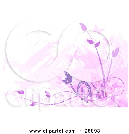 Clipart Illustration of Silhouetted Pink Butterflies And Purple Plants With Faded Marks On White by Tonis Pan