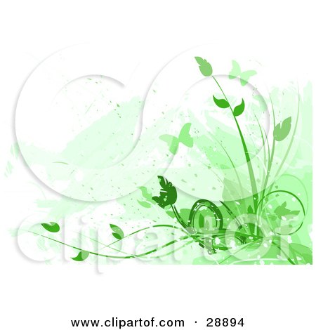 Clipart Illustration of Silhouetted Green Butterflies And Plants With Faded Green Marks On White by Tonis Pan