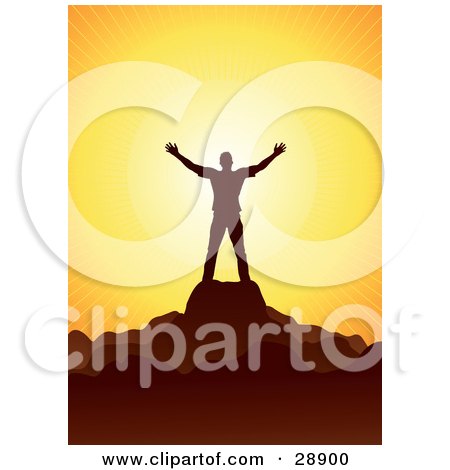 Clipart Illustration of a Man Silhouetted In Brown, Holding His Arm Out And Standing On A Mountain Top, Welcoming The Warmth Of The Sun, Symbolizing Worship by Tonis Pan