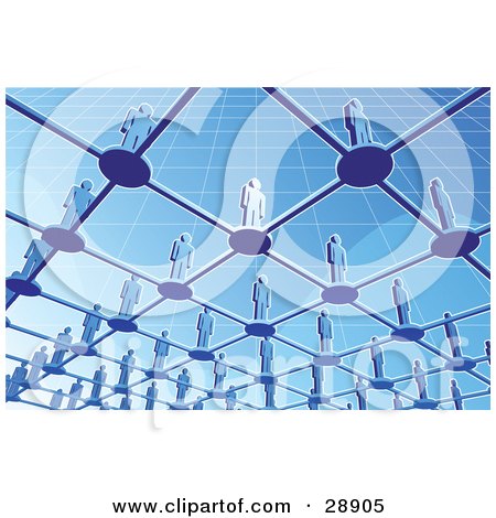 Clipart Illustration of a View From Below Of Blue People Standing On Circles Connected By Bars In A Grid by Tonis Pan