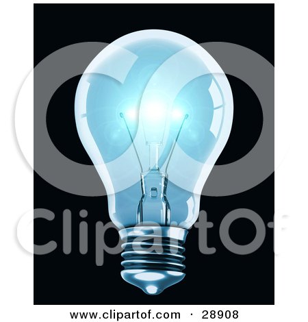 Clipart Illustration of a Clear Blue Light Bulb Shining Brightly With Reflections On The Glass, Over A Black Background by Tonis Pan