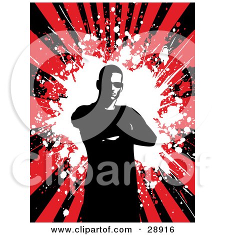 Clipart Illustration of a Mostly Silhouetted Man Standing With His Arms Crossed With A White Grunge Splat In The Center Of A Bursting Black And Red Background by KJ Pargeter