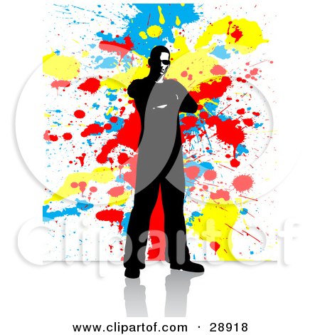 Clipart Illustration of a Black, Mostly Silhouetted Man Standing With His Arms Crossed On A Reflective White Surface With A Background Of Blue, Yellow And Red Paint Splatters by KJ Pargeter