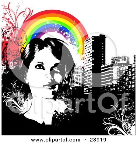 Clipart Illustration of a Young Woman Looking Upwards, Over A Background Of City Buildings With Vines, Grunge And A Rainbow by KJ Pargeter