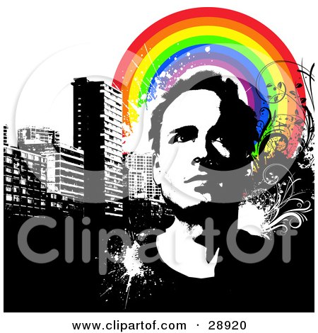 Clipart Illustration of an Urban Man Looking Upwards On A Grunge Background Of Black And White City Buildings And A Colorful Rainbow by KJ Pargeter