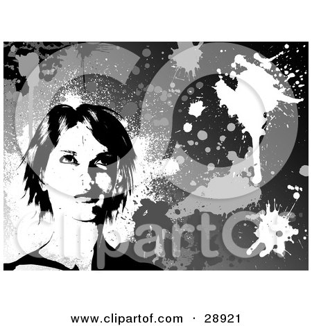 Clipart Illustration of a Woman Looking Upwards, Over A Gray Background With White And Black Grunge Splatters by KJ Pargeter
