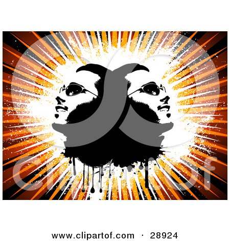 Clipart Illustration of a Man's Head Doubled And Back To Back, Looking Up In Opposite Directions And Smiling, With White And Black Dripping Grunge On A Bursting Orange Background by KJ Pargeter