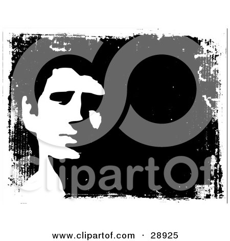 Clipart Illustration of a Friendly Man's Face Partially Silhouetted Against A Black Background Bordered By White Grunge by KJ Pargeter