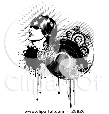 Clipart Illustration of a Woman In Profile, Wearing Sunglasses And Looking Up To The Left, On A Cluster Of Black Dripping Grunge And Circles With A White Background by KJ Pargeter