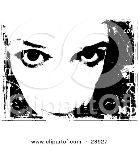 Clipart Illustration of a Woman's Face With Her Eyes Looking Upwards, On A Black Background With White Grunge by KJ Pargeter