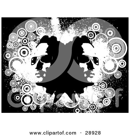Clipart Illustration of a Man's Head Doubled Like A Reflection, Facing In Opposite Directions, Over A Grunge Background Of White Circles And Splats Over Black by KJ Pargeter