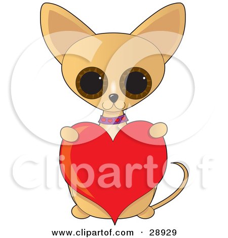 Clipart Illustration of an Adorable Big Eyed Tan Chihuahua Dog Sitting Up And Holding A Red Valentine Heart by Maria Bell
