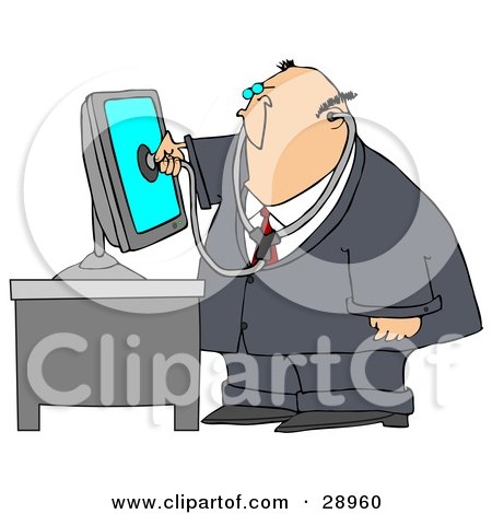 Clipart Illustration of a Chubby Computer Repair Doctor Holding A Stethoscope Up To A Computer Monitor by djart
