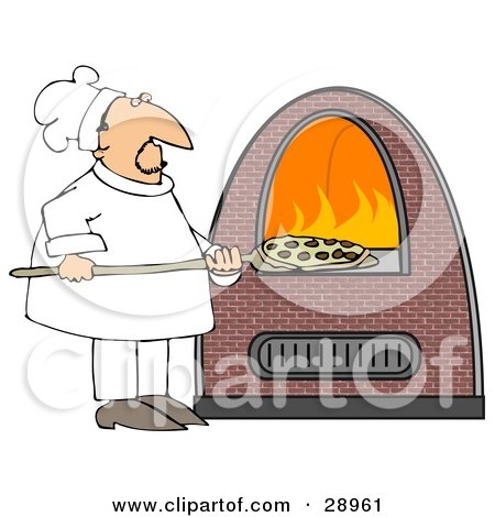 Clipart Illustration of a Chef Inserting A Pepperoni Pizza Into A Brick Pizza Oven With Orange Flames On The Inside by djart