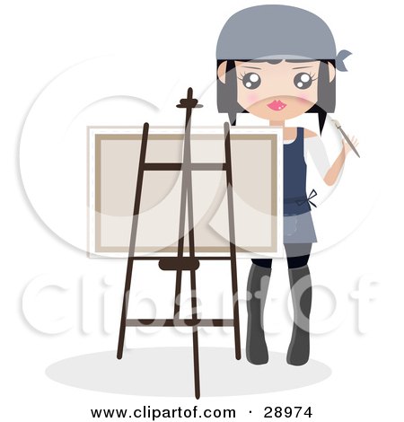 Clipart Illustration of a Female Artist Holding A Paintbrush And Looking Around A Canvas On An Easel by Melisende Vector