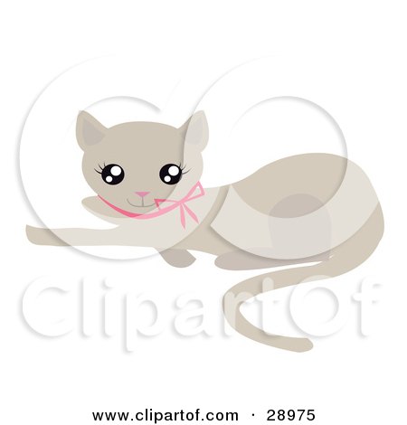Clipart Illustration of a Cute Beige Kitty Cat With A Pink Bow, Laying On The Ground And Looking Up by Melisende Vector