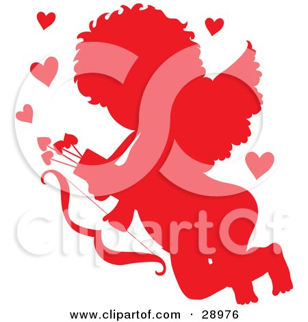 Clipart Illustration of Cupid Silhouetted In Red, Surrounded By Hearts And Carrying A Bow And Arrows by Maria Bell