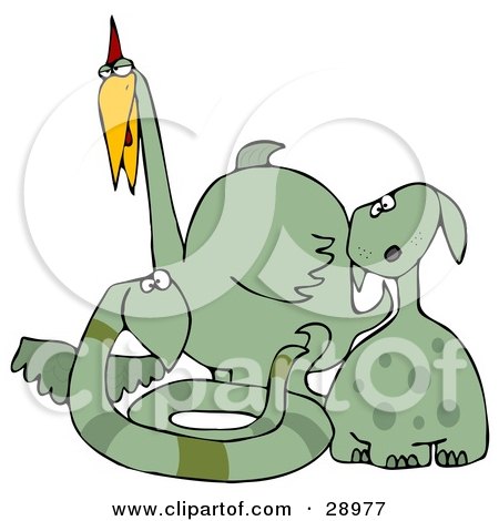 Clipart Illustration of a Group Of Dog Like, Snake Like And Bird Like Green Dinosaurs by djart