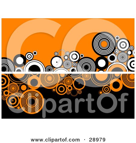 Clipart Illustration of a White Line Dividing Black And White Circles On An Orange Background On The Top And Orange And Black Circles On A Black Background On The Bottom by KJ Pargeter