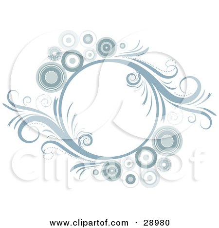 Clipart Illustration of a Blue Circle Made Of Scrolling Vines And Circles, Over White by KJ Pargeter