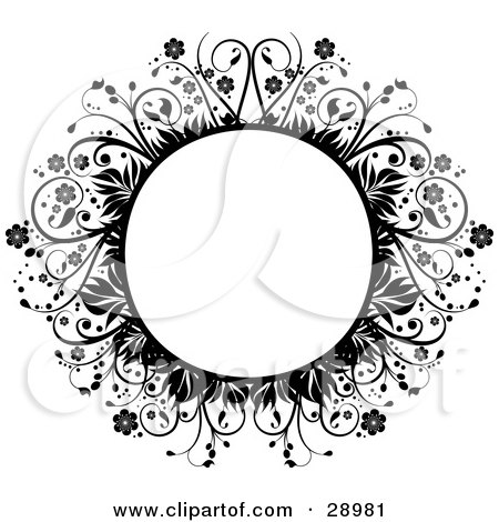 Clipart Illustration of a Blank Circle Framed By Black Flowers, Leaves And Vines, Over White by KJ Pargeter