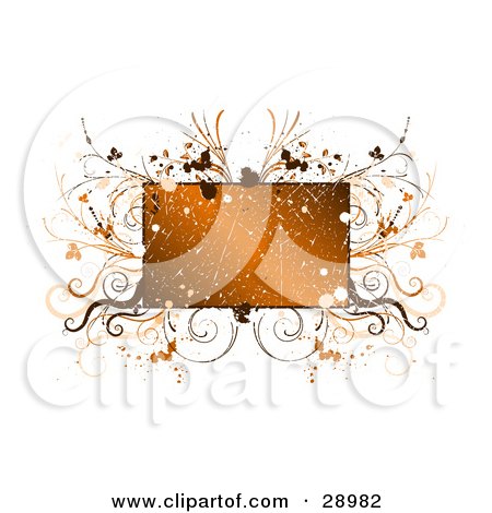 Clipart Illustration of a Scratched Grunge Orange Text Box Bordered By Paint Splatters And Brown And Orange Flourishes And Plants On A White Background by KJ Pargeter