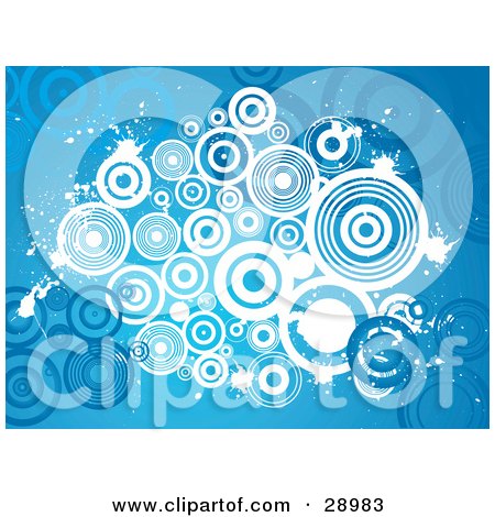 Clipart Illustration of a Cluster Of White Circles And Splatters Over A Blue Background With Blue Circles by KJ Pargeter