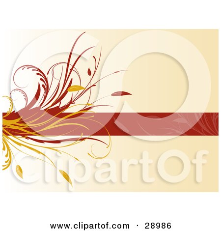 Clipart Illustration of a Red Text Bar With Faded Leaf Designs And A Flourish Along The Left Side Over A Gradient Beige Background by KJ Pargeter