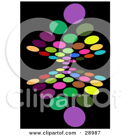 Clipart Illustration of a Background Of Colorful Purple, Green, Yellow, Orange, Blue, Red And Pink Circles Reflecting On Black by KJ Pargeter