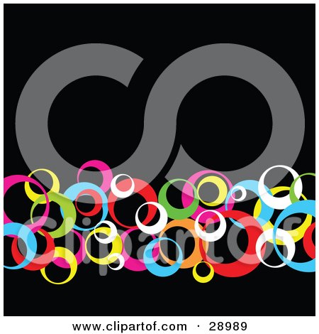 Clipart Illustration of a Row Of Retro Pink, Blue, Yellow, Red, Green And White Circles Crossing Over A Black Background by KJ Pargeter