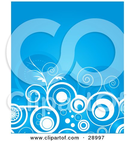 Clipart Illustration of White Circles, Swirls, Dots And Flourishes Over A Blue Background by KJ Pargeter