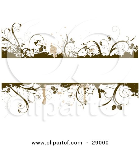Clipart Illustration of a Blank White Text Bar Framed With Brown Grunge, Splatters And Plants Over White by KJ Pargeter