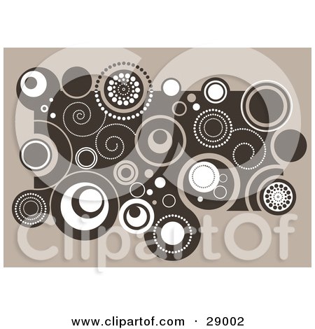 Clipart Illustration of a Cluster Of Retro Brown And White Swirls And Circles On A Beige Background by KJ Pargeter
