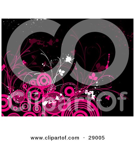Clipart Illustration of a Black Background With White And Pink Splatters, Flourishes And Circles by KJ Pargeter