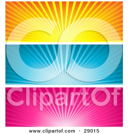 Clipart Illustration of a Set Of Three Orange, Blue And Pink Website Banner Header Panels Of Bursts Of Light by KJ Pargeter