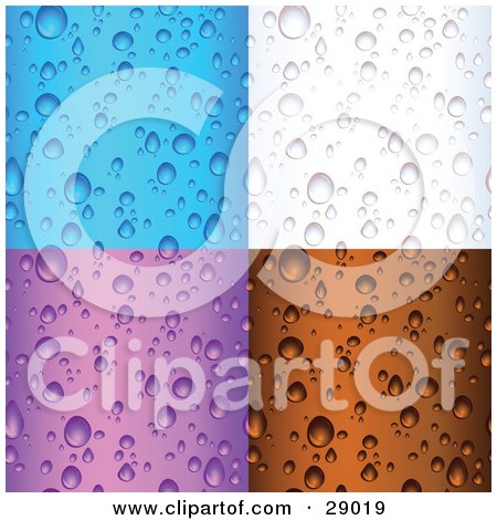 Clipart Illustration of a Set Of Blue, White, Purple And Brown Backgrounds Of Water Droplets On Surfaces by KJ Pargeter