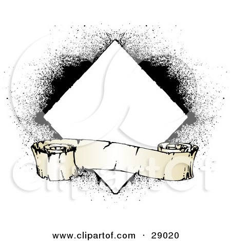 Clipart Illustration of a Worn Blank Scroll In Front Of A White Diamond On A White Background With Black Grunge Spray by KJ Pargeter