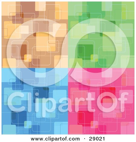 Clipart Illustration of a Set Of Brown, Green, Blue And Pink Backgrounds With Abstract Square Patterns by KJ Pargeter