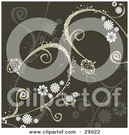 Clipart Illustration of White Flowers And Sparkling Vines Over Silhouetted Plants On A Dark Green Background by KJ Pargeter