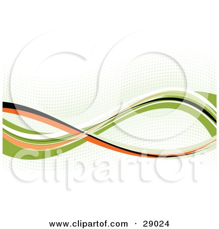 Clipart Illustration of a Background Of White, Orange, Black And Green Waves Over A Dotted Background On White by KJ Pargeter